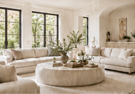 Bright modern living room with arched windows and neutral furnishings